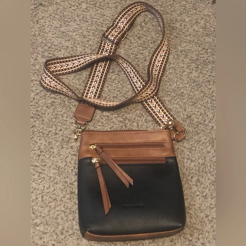 Bostanten Black and Brown Crossbody Bag w Removable Woven Strap